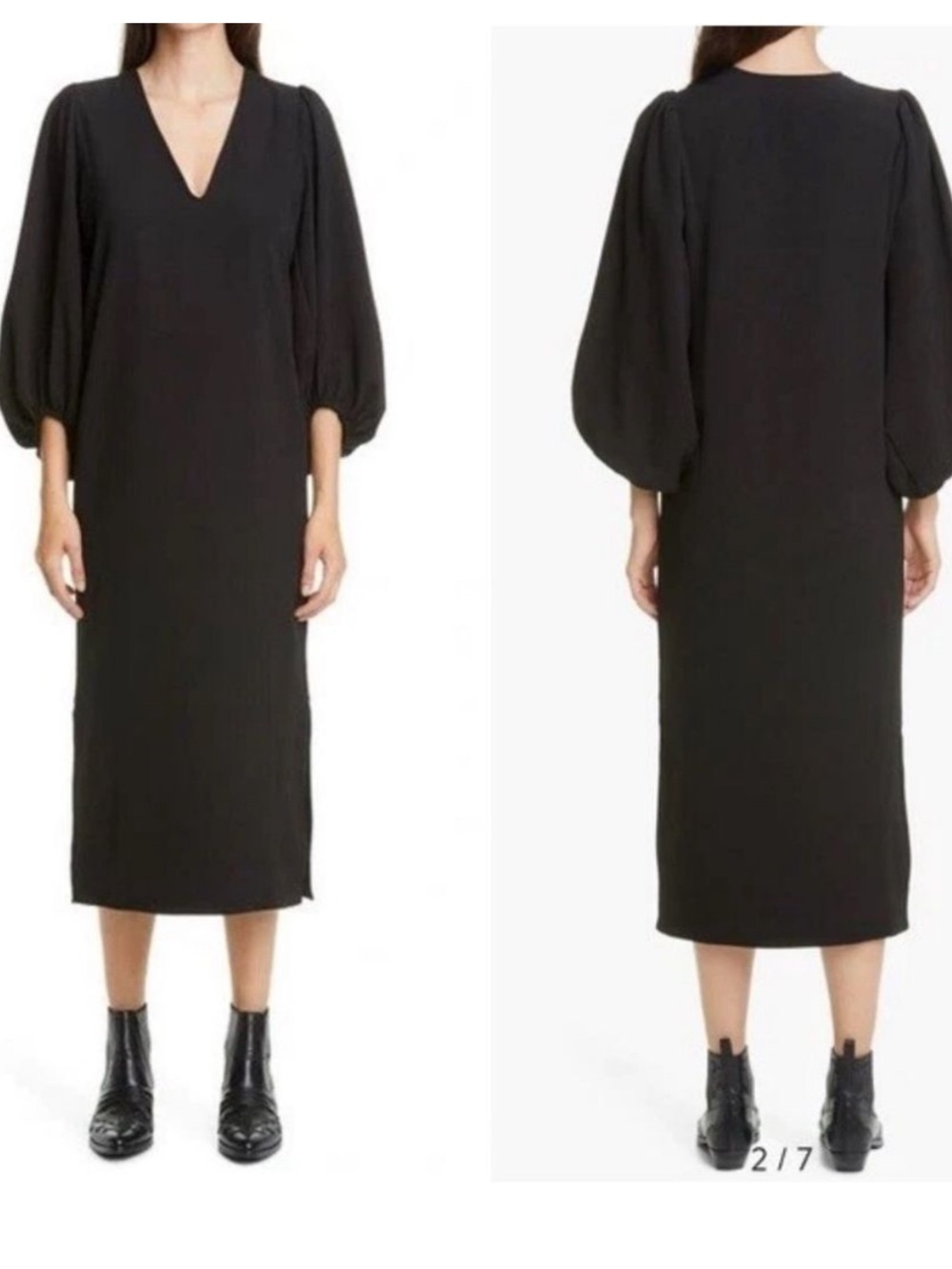 NWT Ganni Heavy Crepe Ballon Sleeve Dress in Black Size 42 US 10 - Picture 2 of 8